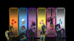 Size: 2898x1600 | Tagged: safe, artist:rockcandy01, edit, applejack, fluttershy, pinkie pie, rainbow dash, rarity, twilight sparkle, earth pony, pegasus, pony, unicorn, g4, abstract background, bunny ears, catsuit, clothes, costume, cutie mark, dangerous mission outfit, flutterspy, future twilight, goggles, hoodie, mane six