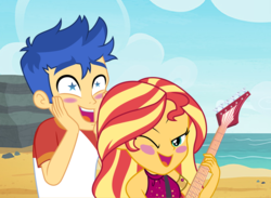 Size: 1744x1276 | Tagged: safe, artist:3d4d, flash sentry, sunset shimmer, equestria girls, g4, my little pony equestria girls: better together, beach, electric guitar, female, guitar, male, musical instrument, ocean, ship:flashimmer, shipping, starry eyes, straight, wingding eyes