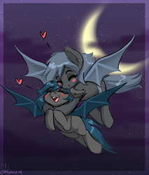 Size: 1019x1197 | Tagged: safe, artist:fatcakes, oc, oc only, oc:angel tears, oc:speck, bat pony, pony, bat pony oc, crescent moon, female, flying, hug, moon, mother and daughter, signature