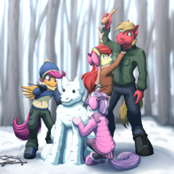 Size: 4000x4000 | Tagged: safe, artist:ohemo, apple bloom, big macintosh, scootaloo, sweetie belle, earth pony, pegasus, unicorn, anthro, unguligrade anthro, g4, absurd resolution, carrot, clothes, cutie mark crusaders, female, filly, foal, food, male, pants, pantyhose, pleated skirt, shoes, skirt, snow, snowman, stallion, winter