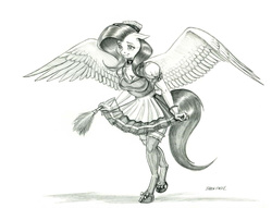 Size: 1400x1071 | Tagged: safe, artist:baron engel, fluttershy, pegasus, anthro, unguligrade anthro, g4, breasts, clothes, curtsey, cute, duster, female, floppy ears, fluttermaid, gloves, grayscale, large wings, maid, mare, monochrome, outfit, pencil drawing, shoes, shyabetes, simple background, skirt, smiling, socks, solo, stockings, thigh highs, traditional art, white background, wings
