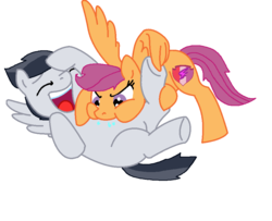 Size: 944x768 | Tagged: safe, artist:diana173076, rumble, scootaloo, pegasus, pony, g4, colt, cute, cutealoo, cutie mark, eyes closed, female, filly, hoof tickling, male, open mouth, rumblebetes, ship:rumbloo, shipping, simple background, straight, the cmc's cutie marks, tickle torture, tickling, tummy buzz, underhoof, white background