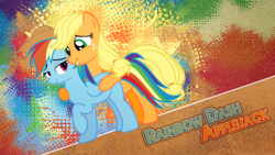 Size: 1920x1080 | Tagged: safe, artist:nightmaremoons, artist:paradigm-zero, edit, applejack, rainbow dash, earth pony, pegasus, pony, g4, commission, female, lesbian, ship:appledash, shipping, show accurate, wallpaper, wallpaper edit