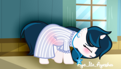 Size: 1024x580 | Tagged: safe, artist:ayeitzayeshax, artist:estories, artist:quartziie, oc, oc:milky way, pony, unicorn, g4, base used, belly, blushing, ear piercing, eyes closed, hospital, hospital gown, imminent birth, jewelry, labor, necklace, pain, piercing, pregnant, solo, unicorn oc