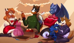 Size: 1280x747 | Tagged: safe, artist:belise, princess luna, oc, anthro, g4, christmas, christmas tree, clothes, commission, exchange, holiday, lingerie, plushie, present, tree