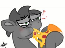 Size: 960x720 | Tagged: safe, artist:mranderzun, oc, oc only, pony, bedroom eyes, blushing, dialogue, eating, food, love, male, meat, pepperoni, pepperoni pizza, pizza, simple background, solo, stallion, white background