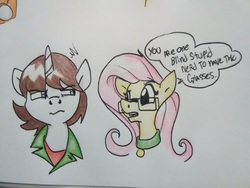Size: 1292x969 | Tagged: safe, artist:paper view of butts, fluttershy, oc, oc:futashy, oc:paper butt, pony, unicorn, g4, cannon, clothes, collar, color, comic, dialogue, female, glasses, horn, jacket, male, mare, stallion, traditional art