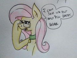 Size: 1292x969 | Tagged: safe, artist:paper view of butts, fluttershy, oc, oc:futashy, pony, g4, cannon, clothes, collar, color, comic, dialogue, female, glasses, mare, traditional art
