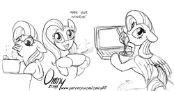 Size: 1000x528 | Tagged: safe, artist:omny87, fluttershy, pegasus, pony, g4, black and white, chopsticks, computer, cooking, eating, female, food, grayscale, instant ramen, mare, monochrome, noodles, ramen, solo, talking to viewer