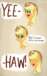 Size: 2393x3850 | Tagged: safe, artist:zaponator, applejack, earth pony, pony, g4, applejack's hat, clothes, comic, cowboy hat, cute, dialogue, eyes closed, female, freckles, hat, high res, jackabetes, mare, meme, open mouth, ponified meme, silly, silly pony, solo, who's a silly pony, yeehaw