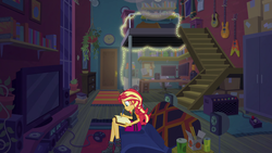 Size: 1920x1080 | Tagged: safe, screencap, sunset shimmer, equestria girls, equestria girls series, forgotten friendship, g4, amplifier, animation error, armchair, book, boots, chair, clock, closet, clothes, computer, couch, desk, diary, door, drink, guitar, jacket, lights, mirror, plants, room, screen, shoes, skirt, string lights, sunset's apartment, video game, writing