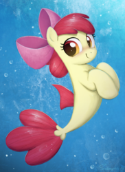 Size: 1017x1397 | Tagged: safe, artist:selenophile, apple bloom, seapony (g4), g4, :t, adorabloom, blushing, bow, bubble, cute, female, filly, fins, hair bow, looking at you, seaponified, seapony apple bloom, smiling, solo, species swap, underwater, water