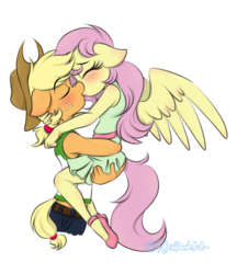 Size: 975x1131 | Tagged: safe, artist:tylerdashart, applejack, fluttershy, earth pony, pegasus, anthro, g4, applejack's hat, blushing, carrying, clothes, cowboy hat, dress, duo, eyes closed, female, floppy ears, freckles, hat, hug, kiss on the lips, kissing, lesbian, mare, midriff, ship:appleshy, shipping, shirt, shoes, short shirt, simple background, skirt, stetson, white background