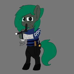 Size: 4500x4500 | Tagged: safe, artist:rosebush, oc, oc only, oc:minus, semi-anthro, absurd resolution, angry, arm hooves, bipedal, blood, boots, cut, frown, glare, gray background, gun, handgun, hoof hold, knife, leon s. kennedy, looking at you, pistol, radio, resident evil, shoes, simple background, solo, standing, straps, weapon