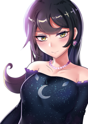 Size: 1000x1400 | Tagged: safe, artist:tzc, moonlight raven, human, canterlot boutique, g4, anime, bare shoulders, clothes, dress, female, humanized, jewelry, looking at you, necklace, over the moon, pearl necklace, simple background, smiling, solo, white background