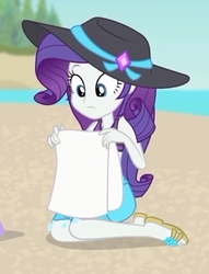 Size: 1604x2100 | Tagged: safe, screencap, rarity, equestria girls, equestria girls specials, g4, my little pony equestria girls: better together, my little pony equestria girls: forgotten friendship, beach, clothes, female, flip-flops, hat, sandals, sarong, solo, sun hat, swimsuit, towel