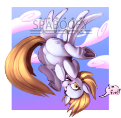 Size: 658x642 | Tagged: safe, artist:spaboofy, derpy hooves, pegasus, pony, g4, butt, cloud, dock, featureless crotch, female, frog (hoof), looking at you, mare, open mouth, plot, pubic mound, sky, solo, spread legs, spreading, underhoof