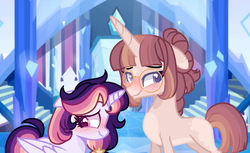Size: 1024x625 | Tagged: safe, artist:moon-rose-rosie, artist:nocturnal-moonlight, oc, oc only, oc:celestial moon, oc:rosalina, alicorn, pony, unicorn, base used, concave belly, duo, female, glasses, magical lesbian spawn, mare, offspring, parent:rainbow dash, parent:twilight sparkle, parents:twidash, slender, thin