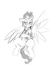 Size: 1583x2048 | Tagged: safe, artist:dimfann, spitfire, pegasus, pony, g4, clothes, female, grayscale, lidded eyes, monochrome, necktie, on back, solo, sunglasses