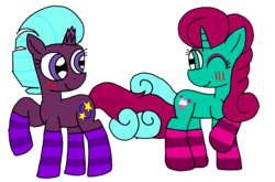Size: 1634x1080 | Tagged: safe, artist:徐詩珮, fizzlepop berrytwist, glitter drops, tempest shadow, pony, unicorn, g4, broken horn, clothes, female, horn, lesbian, ship:glittershadow, shipping, simple background, socks, striped socks, tail, tail wrap, transparent background