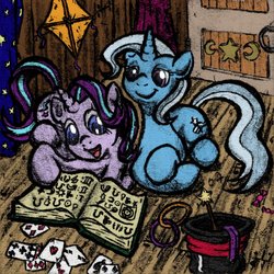 Size: 898x898 | Tagged: safe, artist:p4g4n3l3m3nt5, starlight glimmer, trixie, pony, unicorn, g4, book, duo, kite, lying down, smiling