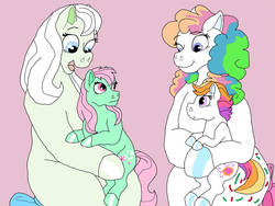 Size: 1032x774 | Tagged: safe, artist:honeytediz, confetti (g1), minty, minty (g1), sunny daze (g3), g1, g3, bow, daaaaaaaaaaaw, female, g1 to g3, generation leap, mother and child, mother and daughter, parent:confetti, parent:minty (g1), rainbow ponies, tail bow