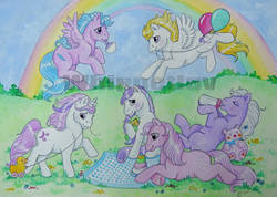 Size: 1024x728 | Tagged: dead source, safe, artist:whippetluv, baby blossom, baby cotton candy, baby firefly, baby glory, baby moondancer, baby surprise, g1, baby, baby bottle, baby pony, balloon, blushing, flying, obtrusive watermark, rainbow, rattle, toy, watermark