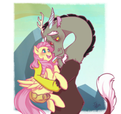 Size: 2518x2381 | Tagged: safe, artist:yami-sempai, discord, fluttershy, draconequus, pegasus, pony, g4, to where and back again, blushing, eye contact, female, folded wings, high res, holding a pony, hug, looking at each other, male, mare, scene interpretation, ship:discoshy, shipping, simple background, smiling, straight, transparent background, wings