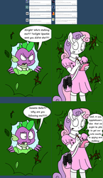 Size: 2564x4420 | Tagged: safe, artist:americananomaly, spike, sweetie belle, anthro, g4, anthroquestria, binoculars, clothes, dress, notepad