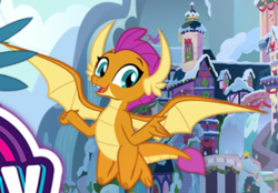 Size: 389x271 | Tagged: safe, gameloft, smolder, dragon, g4, official, cropped, dragoness, female, flying, happy, looking at you, shrug, smiling