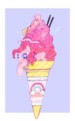 Size: 1258x2048 | Tagged: safe, artist:poneko-chan, pinkie pie, earth pony, pony, g4, abstract background, blushing, cute, diapinkes, female, food, ice cream, ice cream cone, mare, micro, ponies in food, solo, tongue out
