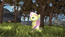 Size: 1280x720 | Tagged: safe, artist:buddyboy131415, fluttershy, pony, g4, 3d, female, nature, rock, solo, tree