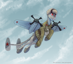 Size: 2500x2200 | Tagged: safe, artist:yarugreat, oc, oc only, oc:шип водкович, original species, plane pony, pony, alcohol, bottle, clothes, flying, grin, hat, high res, jacket, plane, smiling, solo, tu-2s-59, vodka