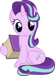 Size: 3000x4159 | Tagged: safe, artist:cloudy glow, artist:illumnious, gameloft, starlight glimmer, pony, unicorn, g4, .ai available, book, cute, female, glimmerbetes, looking at you, mare, mobile game, simple background, sitting, smiling, solo, transparent background, vector
