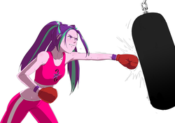 Size: 4093x2894 | Tagged: safe, artist:amazingpuffhair, aria blaze, equestria girls, g4, armpits, boxing gloves, clothes, commission, female, high res, midriff, pants, punching bag, simple background, solo, sports, sweat, white background, workout