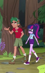 Size: 409x658 | Tagged: safe, screencap, sci-twi, timber spruce, twilight sparkle, equestria girls, g4, my little pony equestria girls: legend of everfree, boots, camp everfree outfits, clothes, converse, cropped, female, glasses, hand in pocket, legs, male, ponytail, shoes, shorts, sneakers, socks
