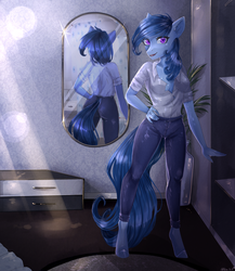 Size: 2600x3000 | Tagged: safe, artist:alicesmitt31, oc, oc only, oc:raylanda, earth pony, anthro, unguligrade anthro, anthro oc, clothes, female, high res, looking at you, mare, mirror, open mouth, shirt, solo