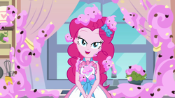 Size: 1920x1080 | Tagged: safe, screencap, pinkie pie, equestria girls, g4, my little pony equestria girls: better together, the craft of cookies, apron, bedroom eyes, clothes, cute, diapinkes, dress, female, food, frosting, geode of sugar bombs, kitchen, lidded eyes, looking at you, magical geodes, open mouth, open smile, smiling, smiling at you, solo