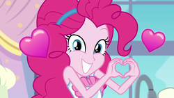 Size: 1920x1080 | Tagged: safe, screencap, pinkie pie, equestria girls, g4, my little pony equestria girls: better together, the craft of cookies, cute, diapinkes, female, floating heart, heart, heart hands, looking at you, smiling, solo