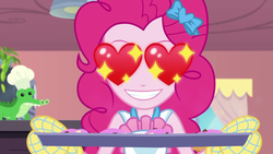 Size: 1920x1080 | Tagged: safe, screencap, pinkie pie, equestria girls, g4, my little pony equestria girls: better together, the craft of cookies, baking, baking sheet, cookie, cute, diapinkes, food, heart eyes, oven mitts, smiling, wingding eyes