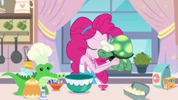 Size: 1920x1080 | Tagged: safe, screencap, gummy, pinkie pie, tank, equestria girls, g4, my little pony equestria girls: better together, the craft of cookies, apron, baking powder, bowl, cheek kiss, chef's hat, clothes, egg, flour, hat, kissing, kitchen, platonic kiss, plushie