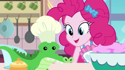 Size: 1920x1080 | Tagged: safe, screencap, gummy, pinkie pie, equestria girls, g4, my little pony equestria girls: better together, the craft of cookies, apron, chef's hat, clothes, cute, diapinkes, hat, kitchen, plushie