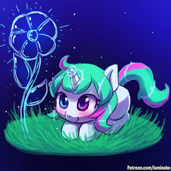 Size: 750x750 | Tagged: safe, artist:lumineko, oc, oc only, oc:ice thorn, pony, unicorn, :t, blue background, blushing, crouching, cute, female, filly, flower, glowing horn, gradient background, grass, heterochromia, horn, ice, ice flower, ice magic, magic, multicolored eyes, multicolored hair, ocbetes, prone, simple background, smiling, solo, sparkles