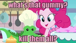 Size: 1920x1080 | Tagged: safe, edit, edited screencap, screencap, gummy, pinkie pie, equestria girls, g4, my little pony equestria girls: better together, the craft of cookies, caption, image macro, text
