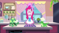 Size: 1920x1080 | Tagged: safe, screencap, gummy, pinkie pie, tank, tortoise, equestria girls, equestria girls series, g4, the craft of cookies, spoiler:eqg series (season 2), apron, baking, baking sheet, clothes, cookie, food, kitchen, smiling, sprinkles, this will end in explosions