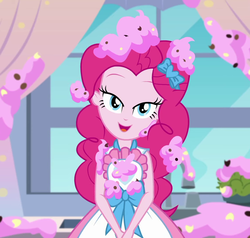 Size: 1135x1079 | Tagged: safe, screencap, pinkie pie, equestria girls, equestria girls series, g4, the craft of cookies, spoiler:eqg series (season 2), apron, clothes, cropped, dress, female, food, frosting, geode of sugar bombs, lidded eyes, looking at you, magical geodes, open mouth, out of context, picture, smiling, window