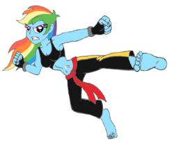 Size: 6280x5344 | Tagged: safe, artist:onse227, rainbow dash, equestria girls, absurd resolution, barefoot, belly button, clothes, feet, fingerless gloves, gloves, karate, martial arts, midriff, midriff cutie mark, red belt, sports bra, trousers