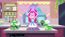 Size: 1280x720 | Tagged: safe, screencap, gummy, pinkie pie, tank, tortoise, equestria girls, equestria girls series, g4, the craft of cookies, spoiler:eqg series (season 2), apron, baking, baking sheet, chef's hat, clothes, cookie, food, hat, kitchen, smiling, sprinkles, this will end in explosions