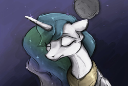 Size: 1784x1205 | Tagged: safe, artist:cookiedesu, color edit, edit, princess celestia, alicorn, pony, g4, bust, color, colored, eyes closed, female, grayscale, mare, monochrome, moon, portrait, sad, simple background