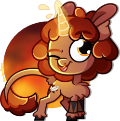 Size: 1358x1365 | Tagged: safe, artist:amberpone, oc, oc only, oc:rasbora, pony, unicorn, chest fluff, cute, cutie mark, digital art, eyebrows, female, fire, full body, golden eyes, horn, lighting, magic, mare, nose piercing, one eye closed, paint tool sai, piercing, shading, simple background, smiling, standing, tongue out, transparent background, yellow eyes